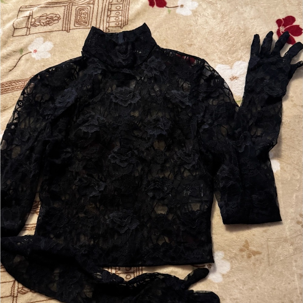 Saint Laurent Sheer Black Lace Top with Gloves